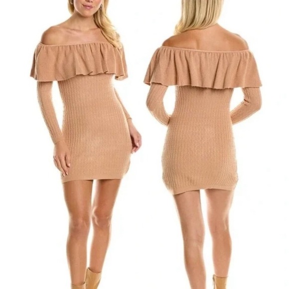 NWT Olivaceous Long Sleeve Bodycon Off Shoulder Sweater Dress Tan Small Cashmere - Picture 1 of 11